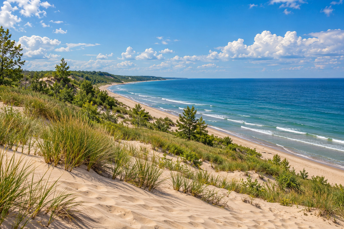 Dune grasses and sandy Lake Michigan shoreline in northwest Indiana
