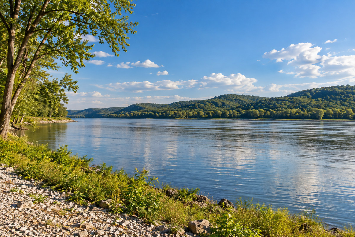 Broad Ohio River valley with a wooded riverbank in southwest Indiana